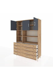 Hyperion Dolap 8 Raflı 8 Çekmeceli 3 Kapaklı 132x44x195 Çam-Antrasit/Çam