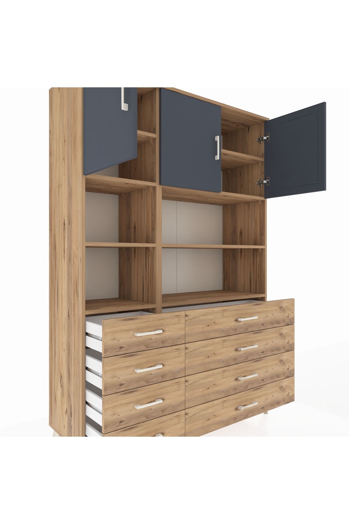 Hyperion Dolap 8 Raflı 8 Çekmeceli 3 Kapaklı 132x44x195 Çam-Antrasit/Çam