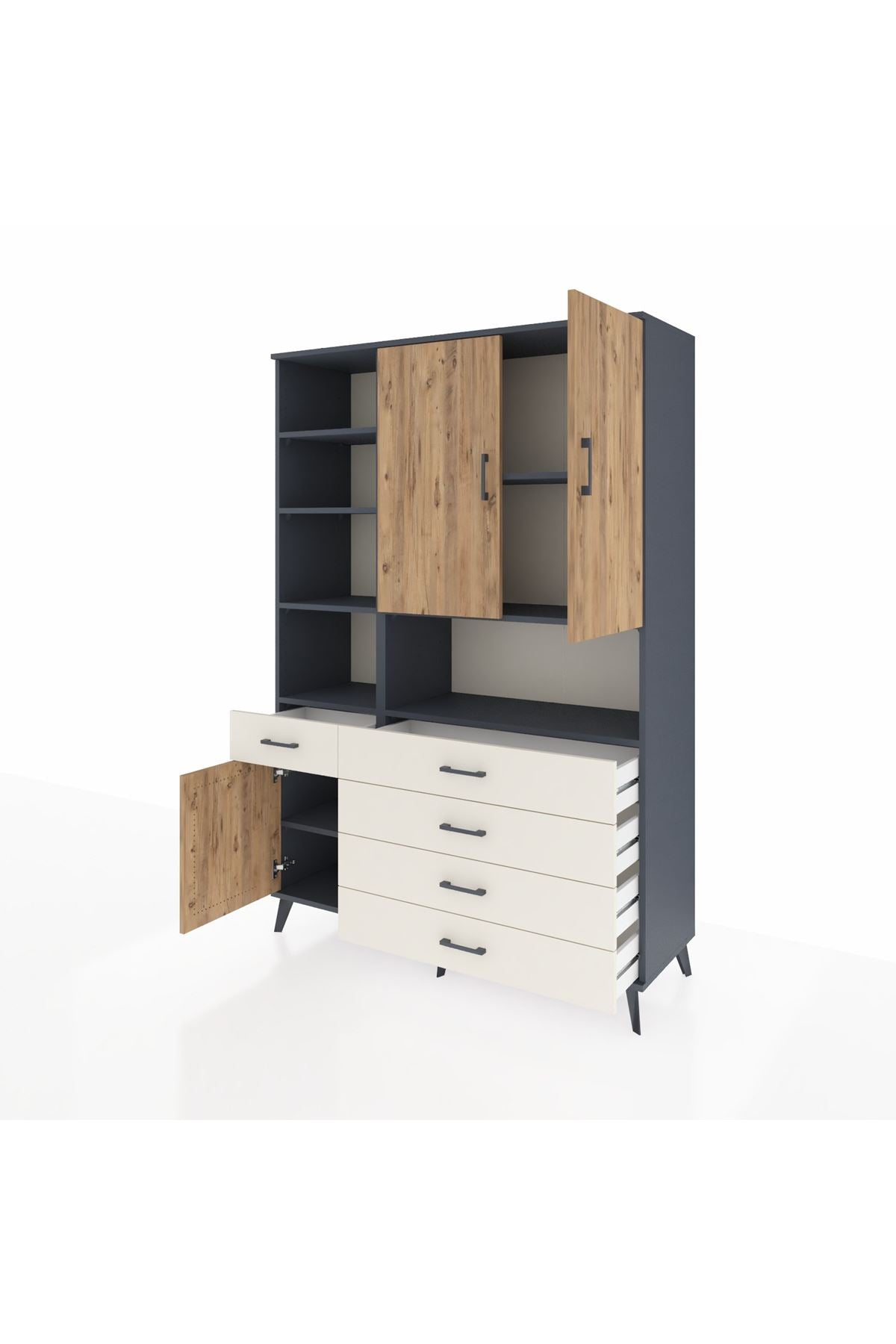 Hyperion Dolap 8 Raflı 5 Çekmeceli 3 Kapaklı 132x44x195 Antrasit-Çam/Aytaşı