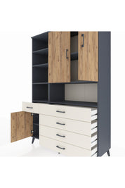 Hyperion Dolap 8 Raflı 5 Çekmeceli 3 Kapaklı 132x44x195 Antrasit-Çam/Aytaşı