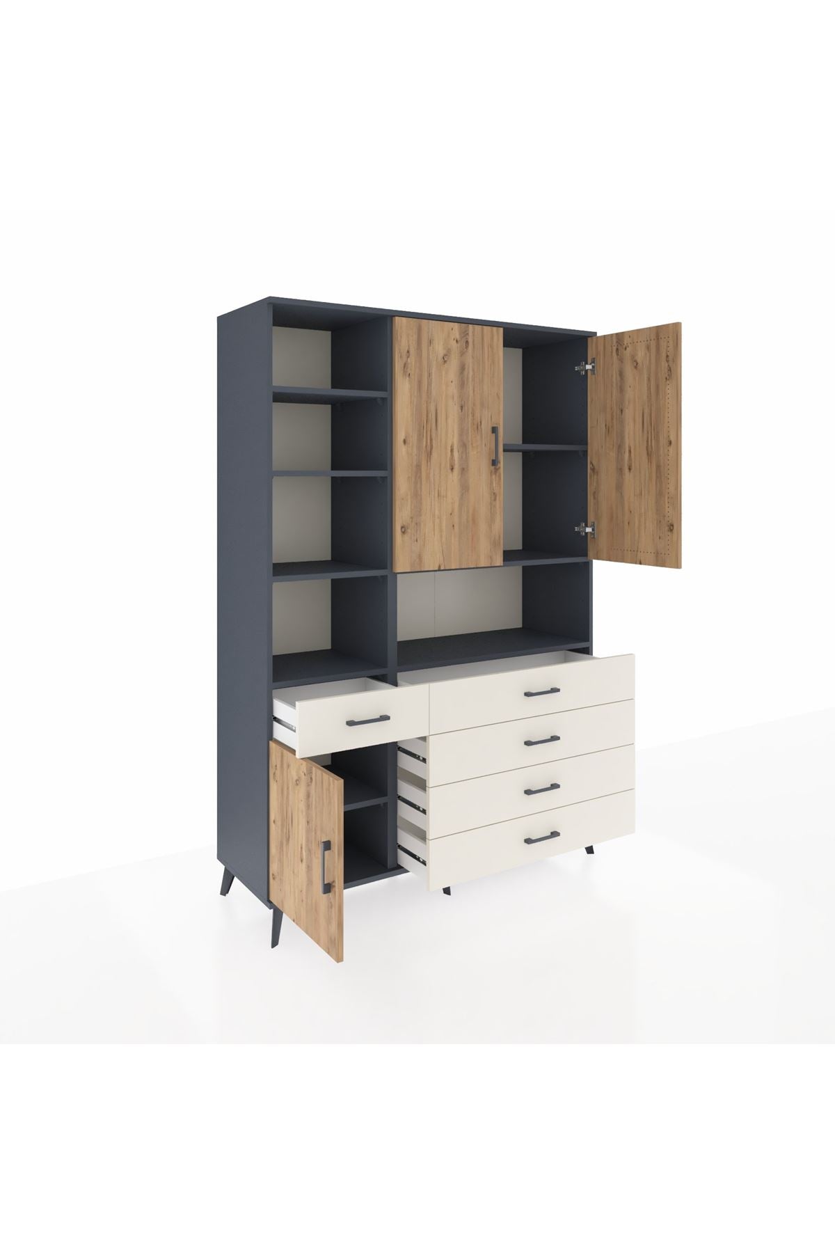 Hyperion Dolap 8 Raflı 5 Çekmeceli 3 Kapaklı 132x44x195 Antrasit-Çam/Aytaşı