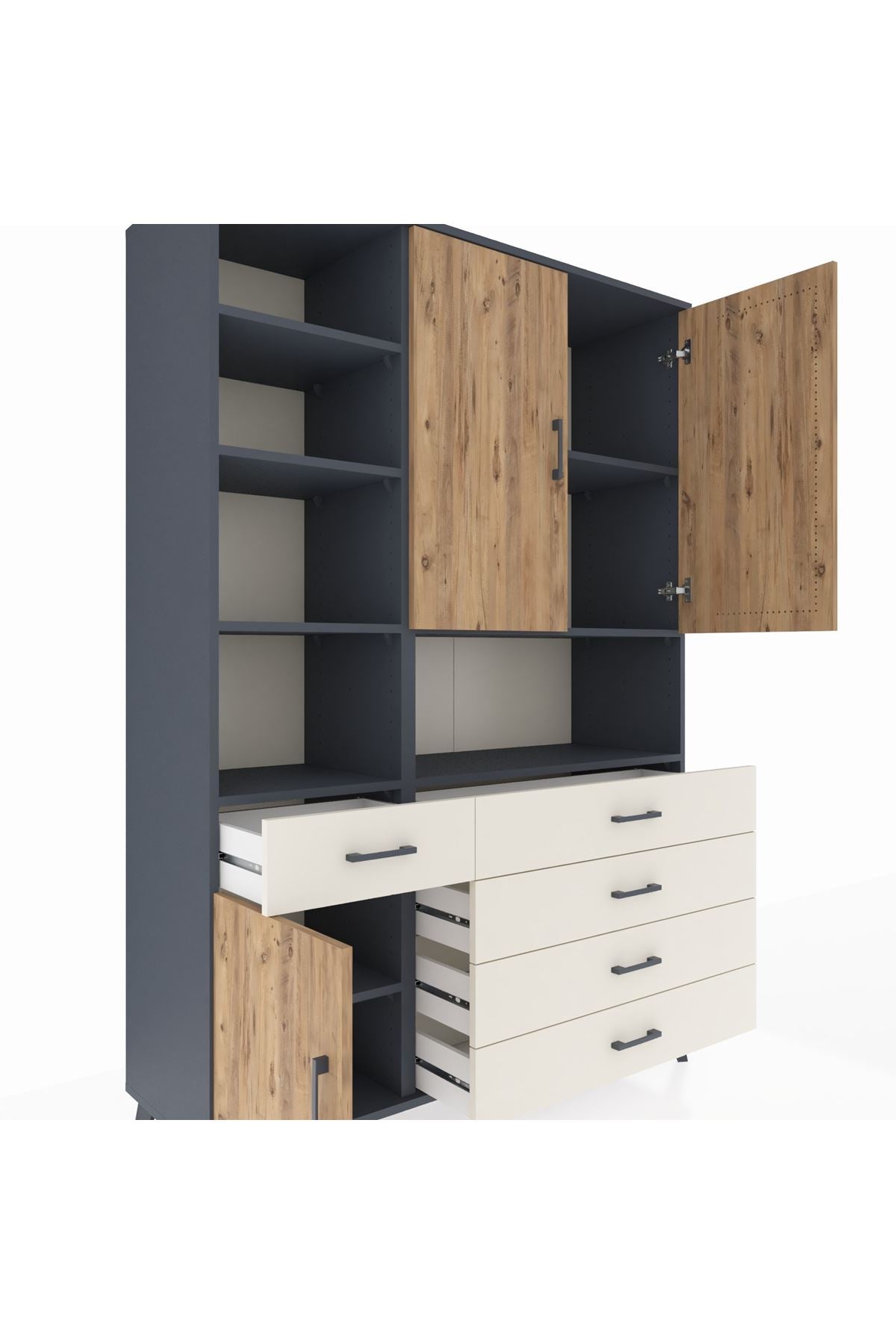 Hyperion Dolap 8 Raflı 5 Çekmeceli 3 Kapaklı 132x44x195 Antrasit-Çam/Aytaşı