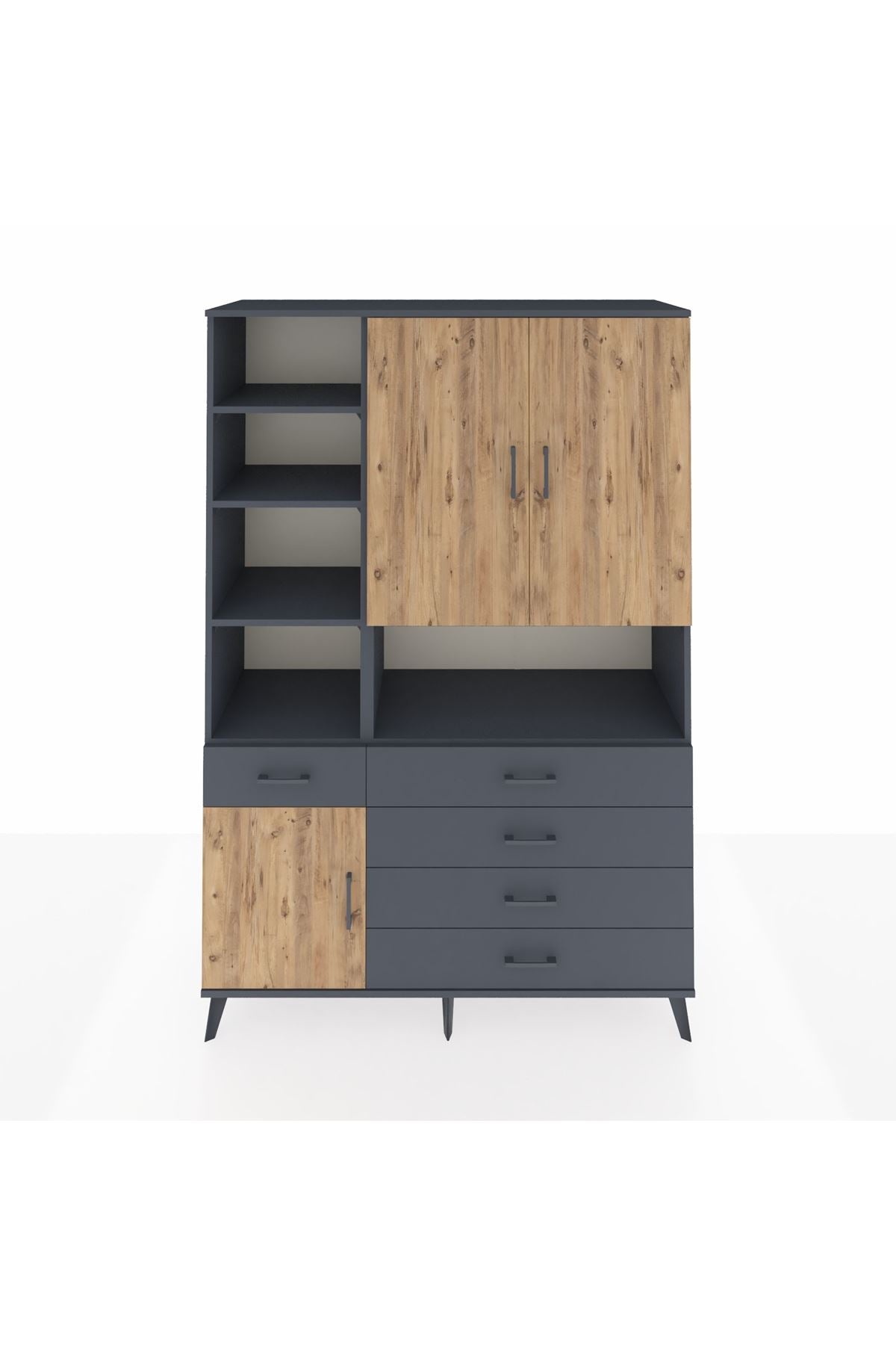 Hyperion Dolap 8 Raflı 5 Çekmeceli 3 Kapaklı 132x44x195 Antrasit-Çam/Antrasit