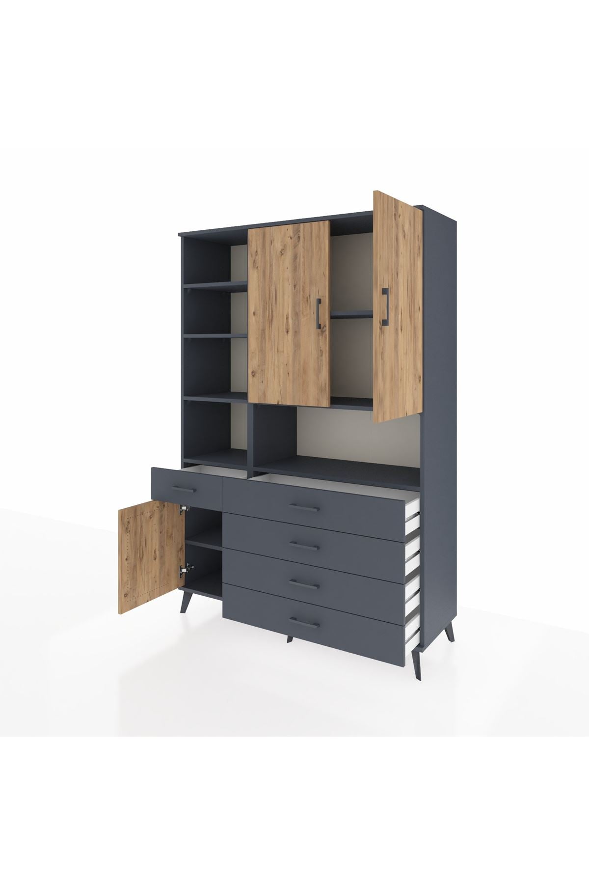 Hyperion Dolap 8 Raflı 5 Çekmeceli 3 Kapaklı 132x44x195 Antrasit-Çam/Antrasit