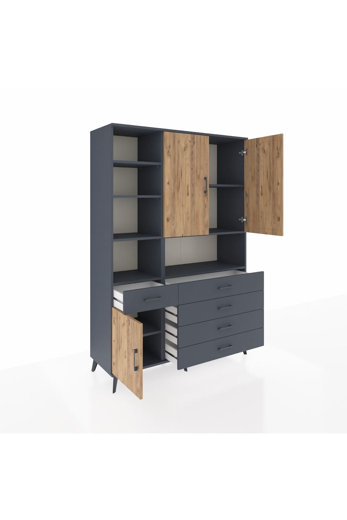Hyperion Dolap 8 Raflı 5 Çekmeceli 3 Kapaklı 132x44x195 Antrasit-Çam/Antrasit