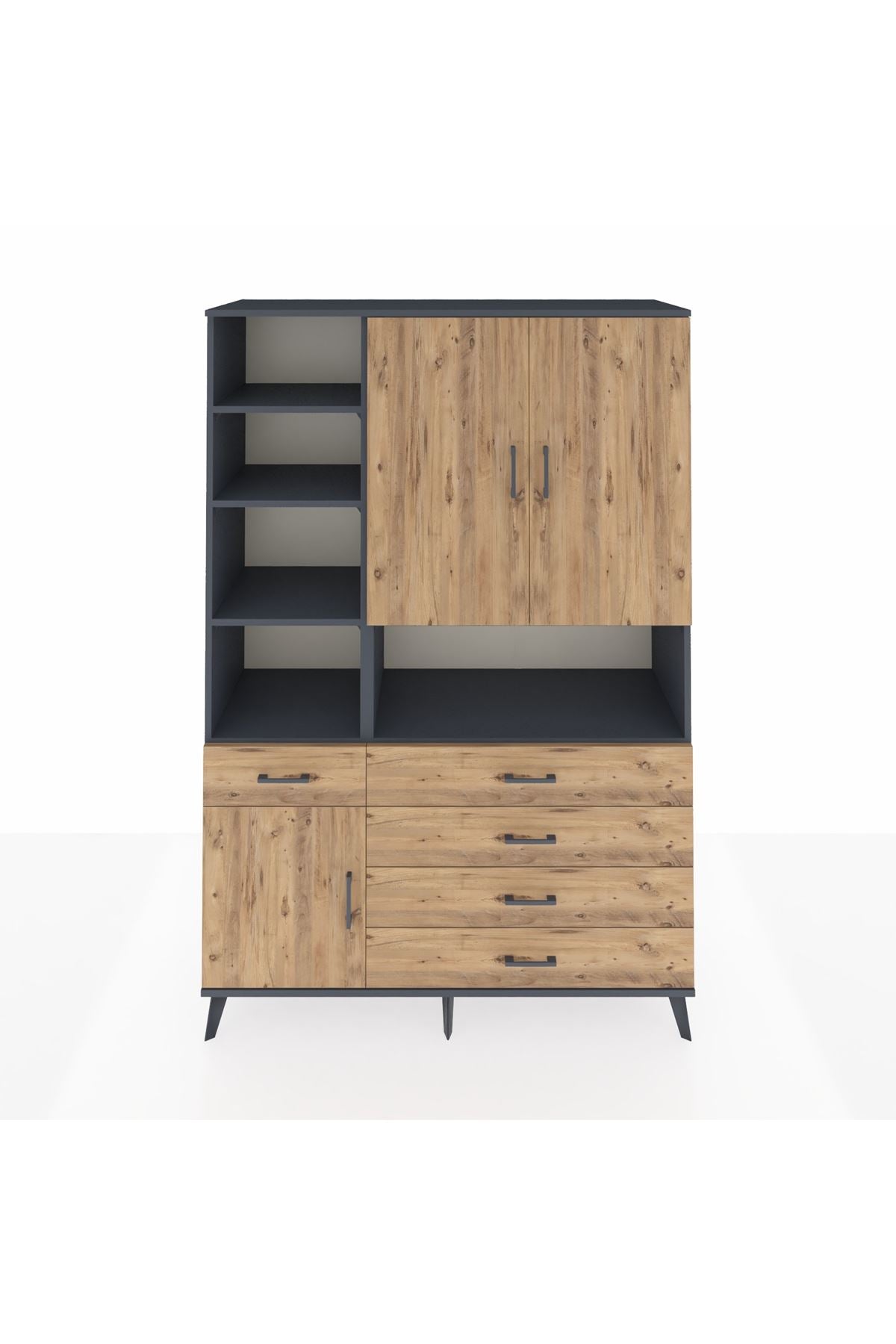 Hyperion Dolap 8 Raflı 5 Çekmeceli 3 Kapaklı 132x44x195 Antrasit-Çam/Çam