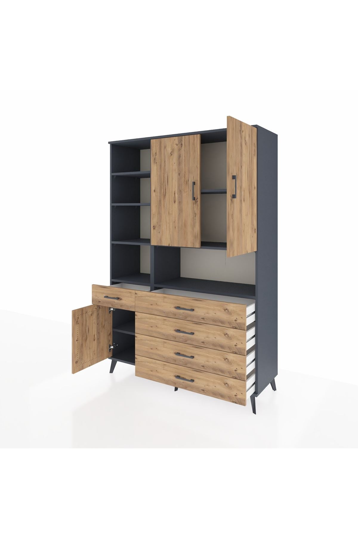 Hyperion Dolap 8 Raflı 5 Çekmeceli 3 Kapaklı 132x44x195 Antrasit-Çam/Çam