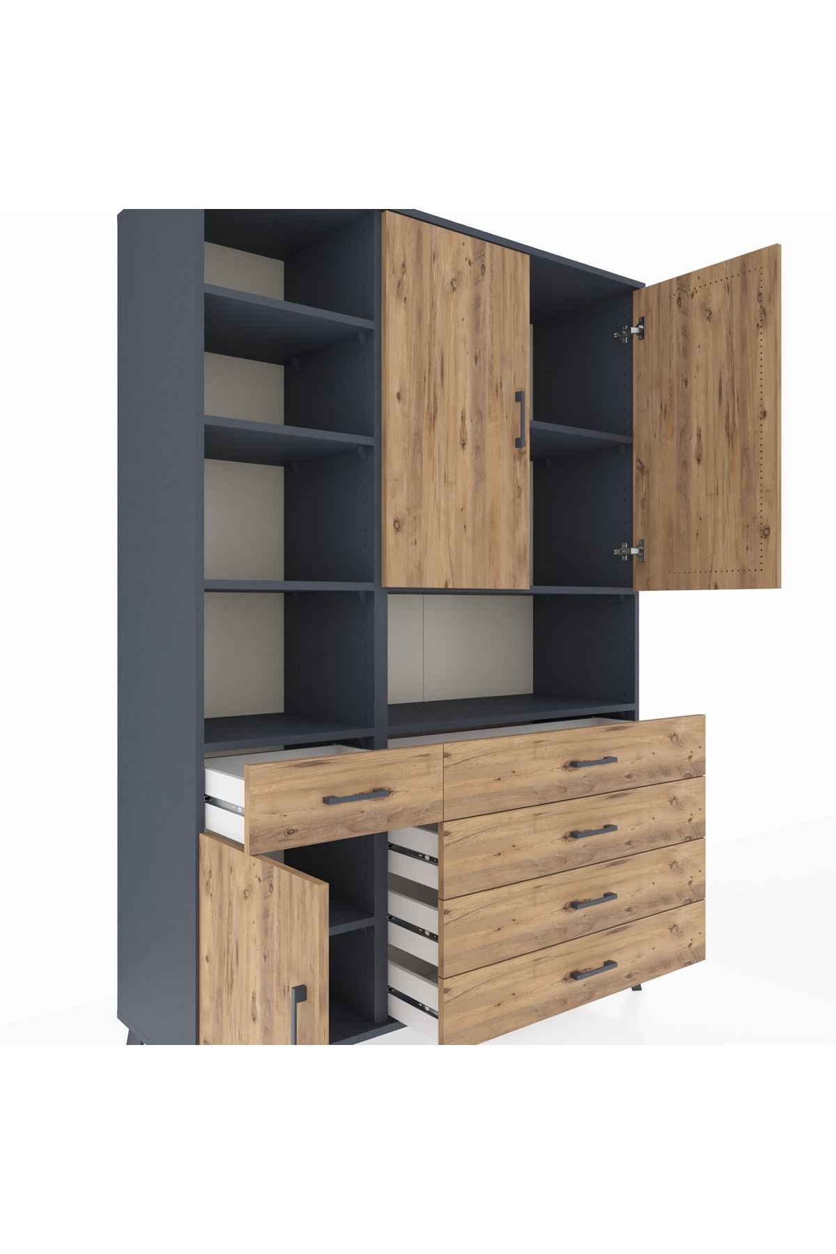 Hyperion Dolap 8 Raflı 5 Çekmeceli 3 Kapaklı 132x44x195 Antrasit-Çam/Çam