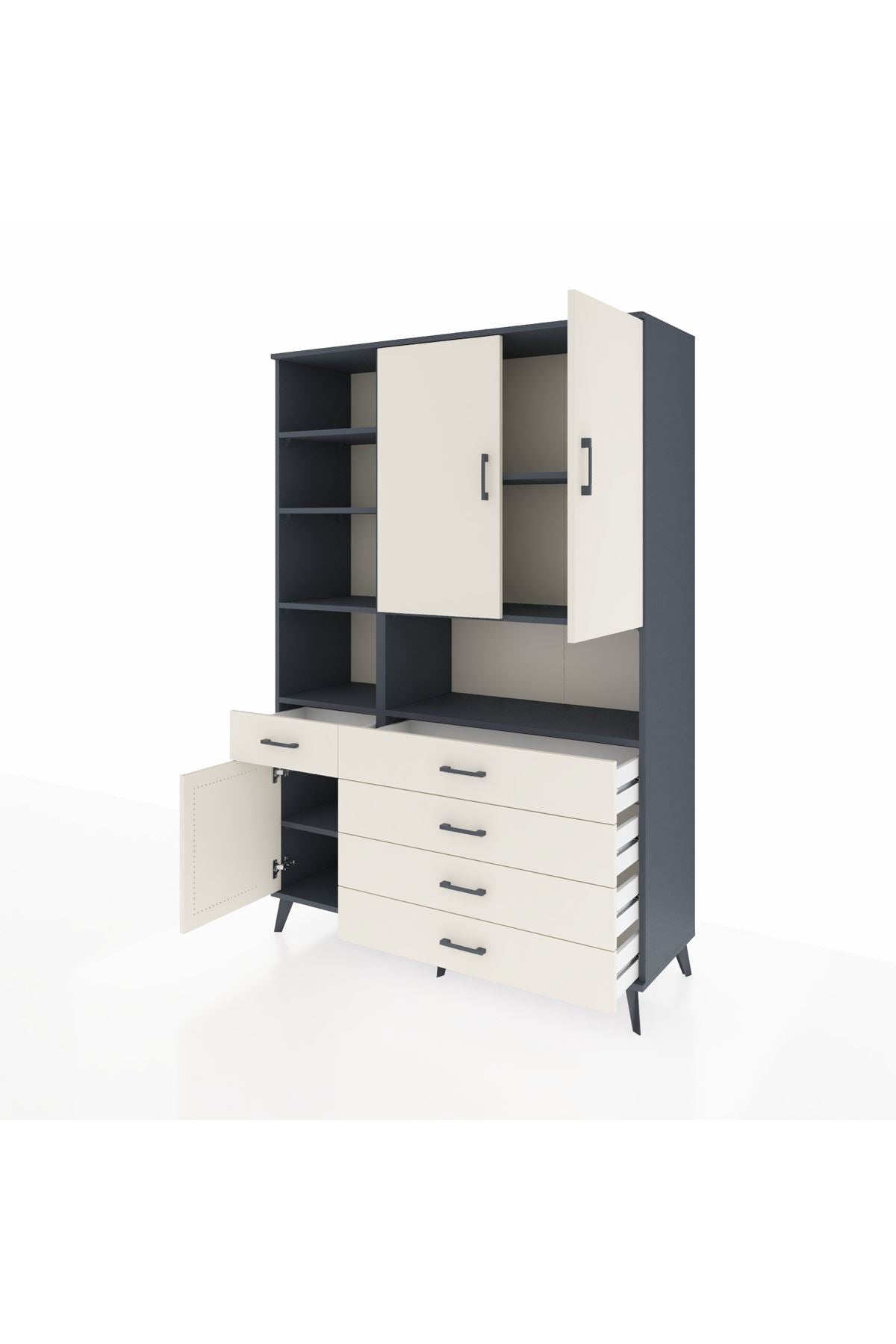 Hyperion Dolap 8 Raflı 5 Çekmeceli 3 Kapaklı 132x44x195 Antrasit-Aytaşı/Aytaşı