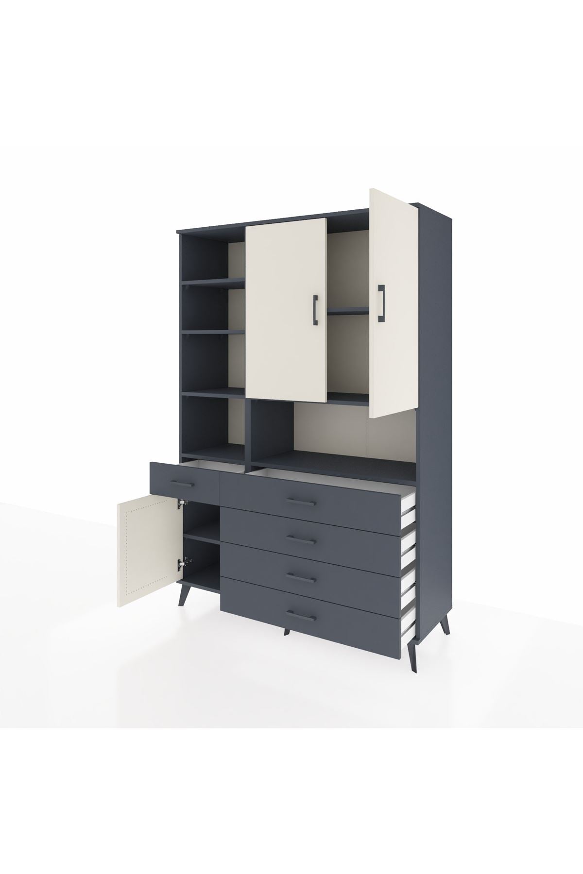 Hyperion Dolap 8 Raflı 5 Çekmeceli 3 Kapaklı 132x44x195 Antrasit-Aytaşı/Antrasit