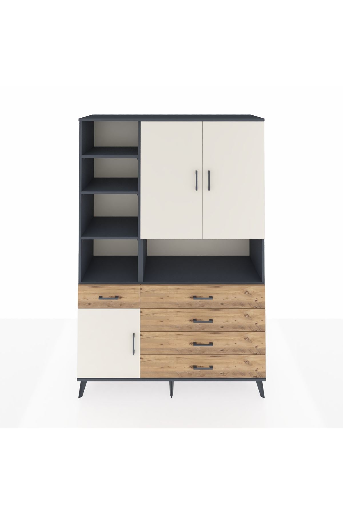 Hyperion Dolap 8 Raflı 5 Çekmeceli 3 Kapaklı 132x44x195 Antrasit-Aytaşı/Çam