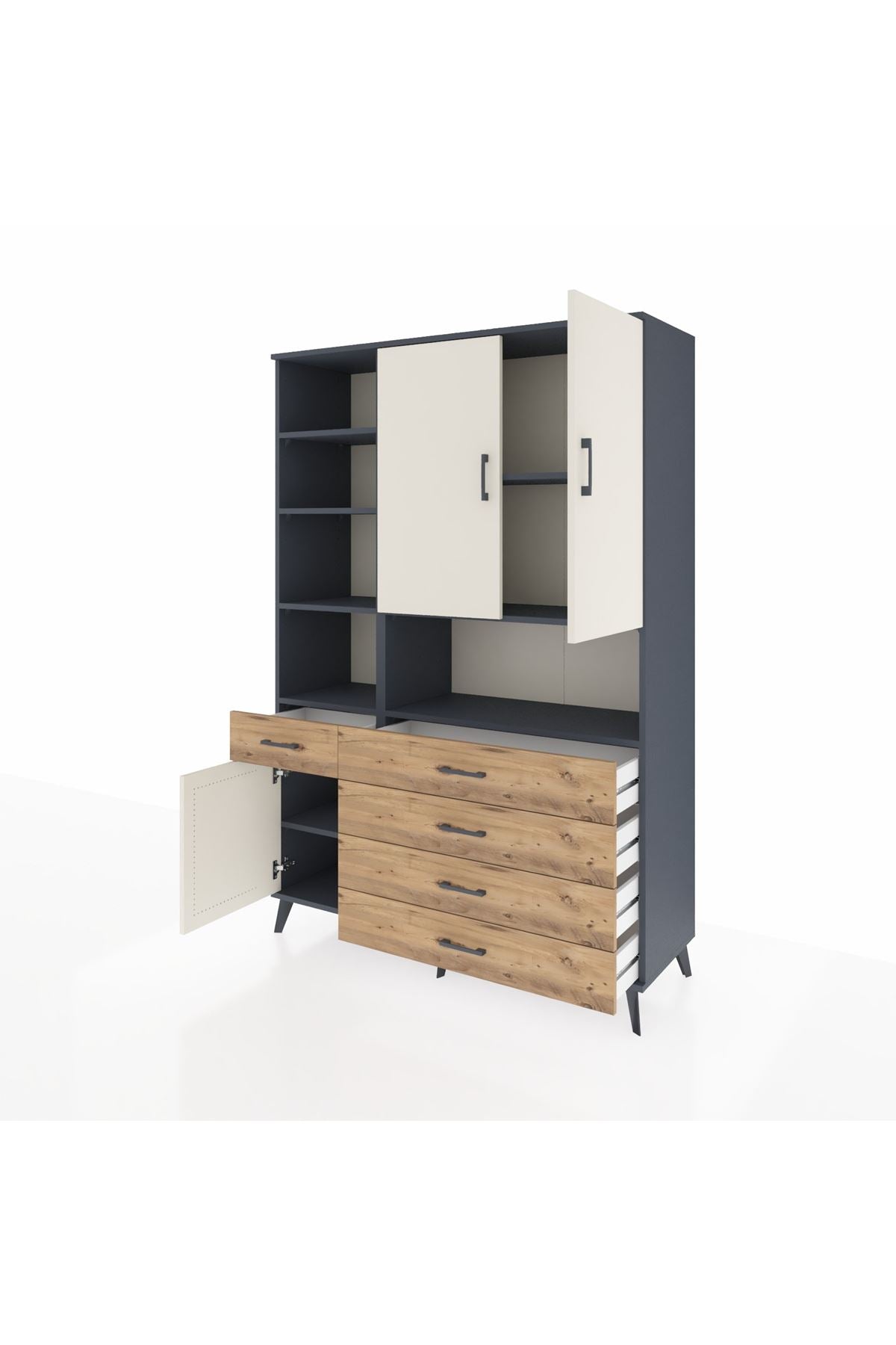 Hyperion Dolap 8 Raflı 5 Çekmeceli 3 Kapaklı 132x44x195 Antrasit-Aytaşı/Çam