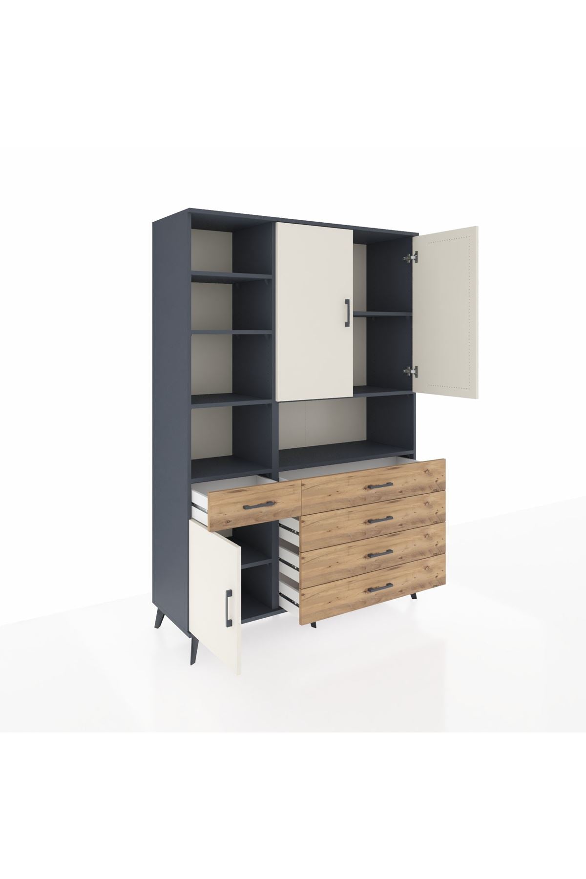Hyperion Dolap 8 Raflı 5 Çekmeceli 3 Kapaklı 132x44x195 Antrasit-Aytaşı/Çam