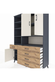 Hyperion Dolap 8 Raflı 5 Çekmeceli 3 Kapaklı 132x44x195 Antrasit-Aytaşı/Çam