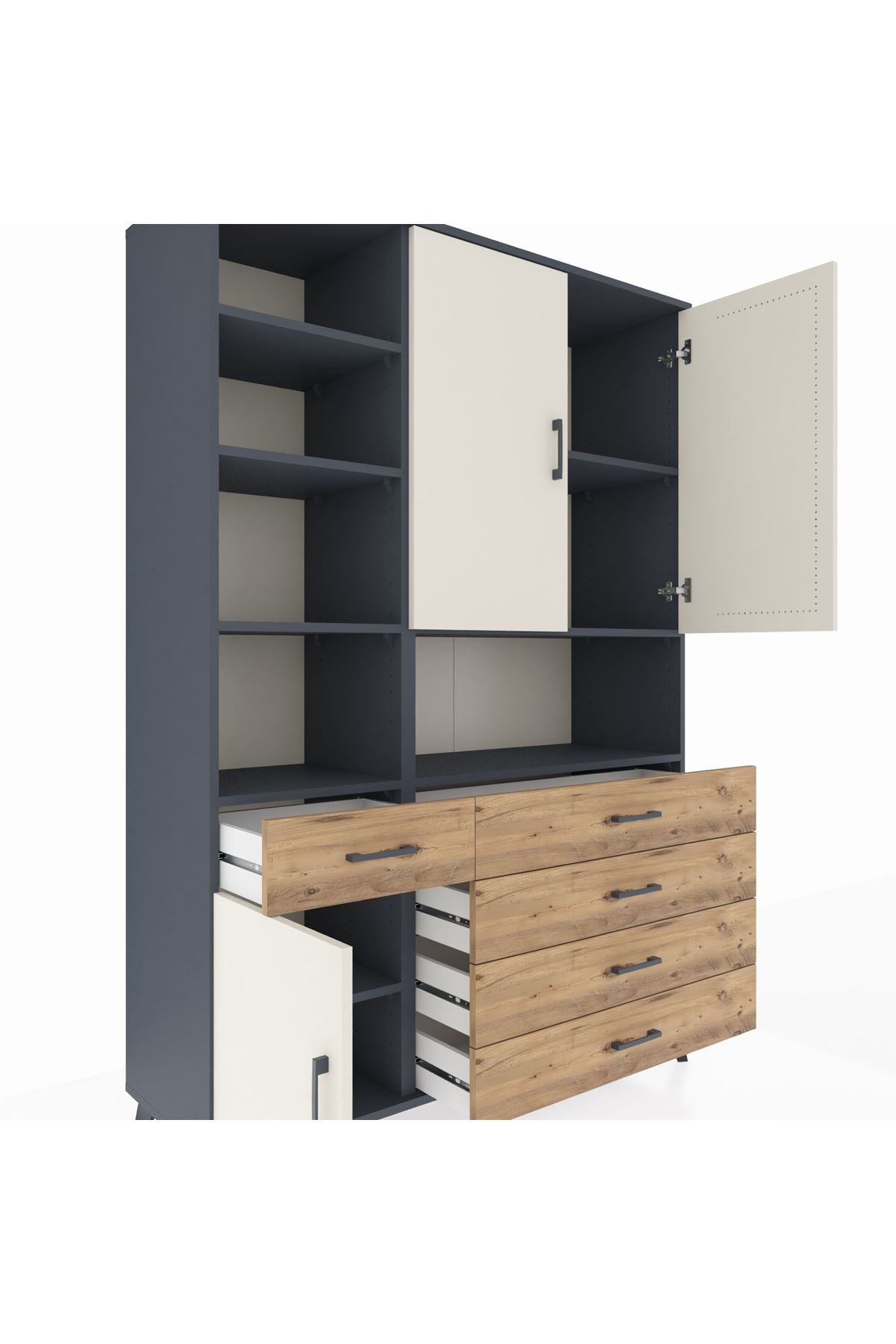 Hyperion Dolap 8 Raflı 5 Çekmeceli 3 Kapaklı 132x44x195 Antrasit-Aytaşı/Çam