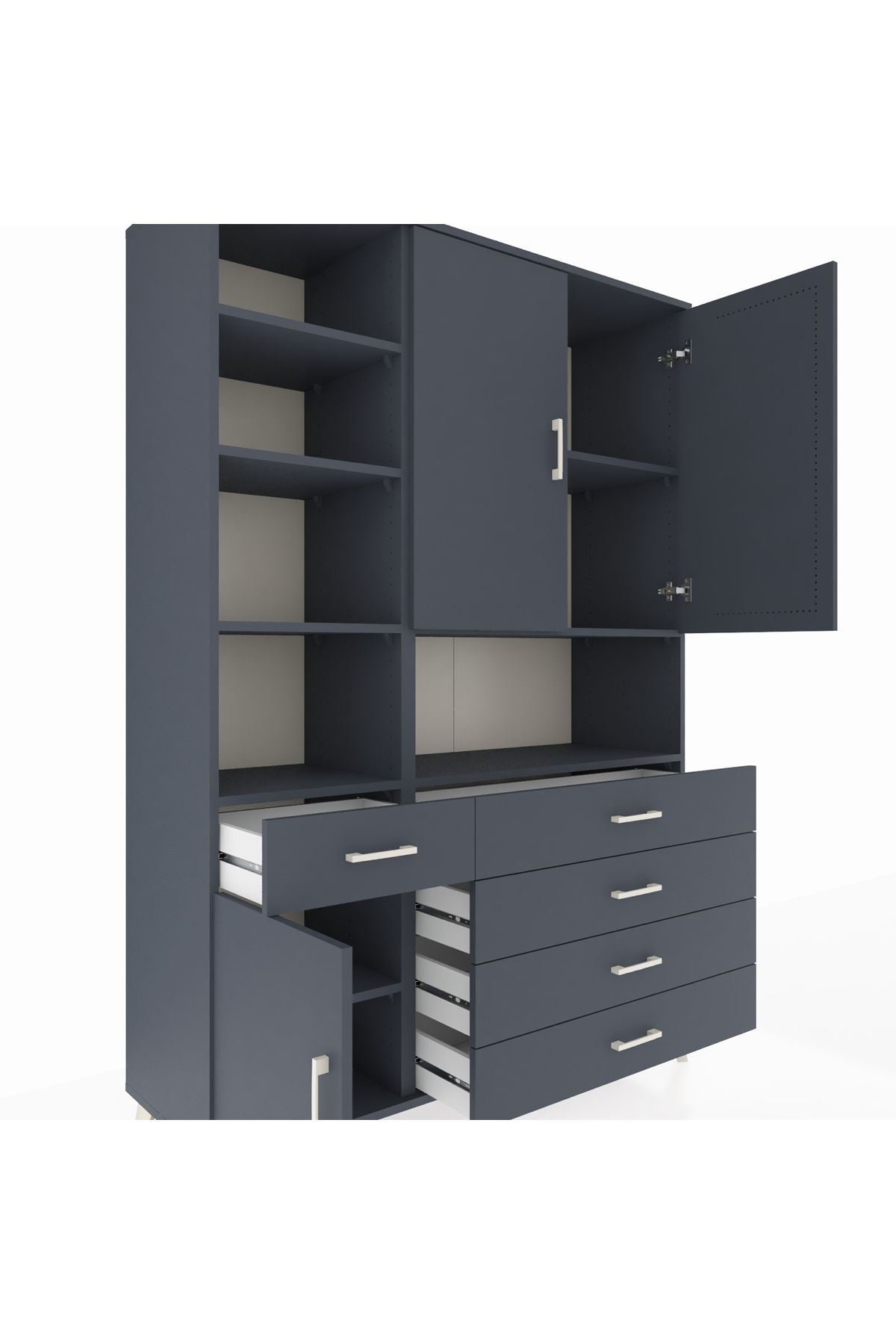 Hyperion Dolap 8 Raflı 5 Çekmeceli 3 Kapaklı 132x44x195 Antrasit-Antrasit/Antrasit