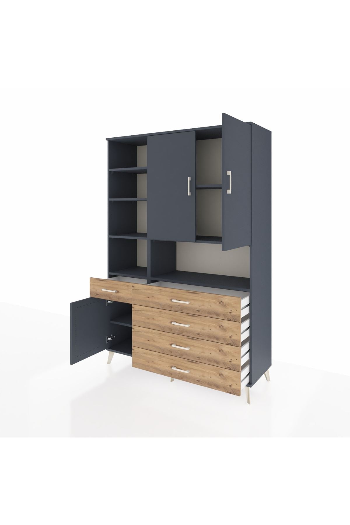 Hyperion Dolap 8 Raflı 5 Çekmeceli 3 Kapaklı 132x44x195 Antrasit-Antrasit/Çam