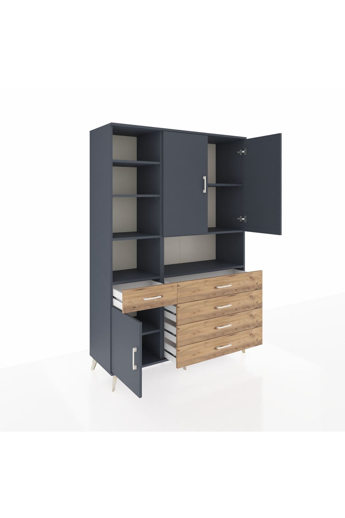 Hyperion Dolap 8 Raflı 5 Çekmeceli 3 Kapaklı 132x44x195 Antrasit-Antrasit/Çam