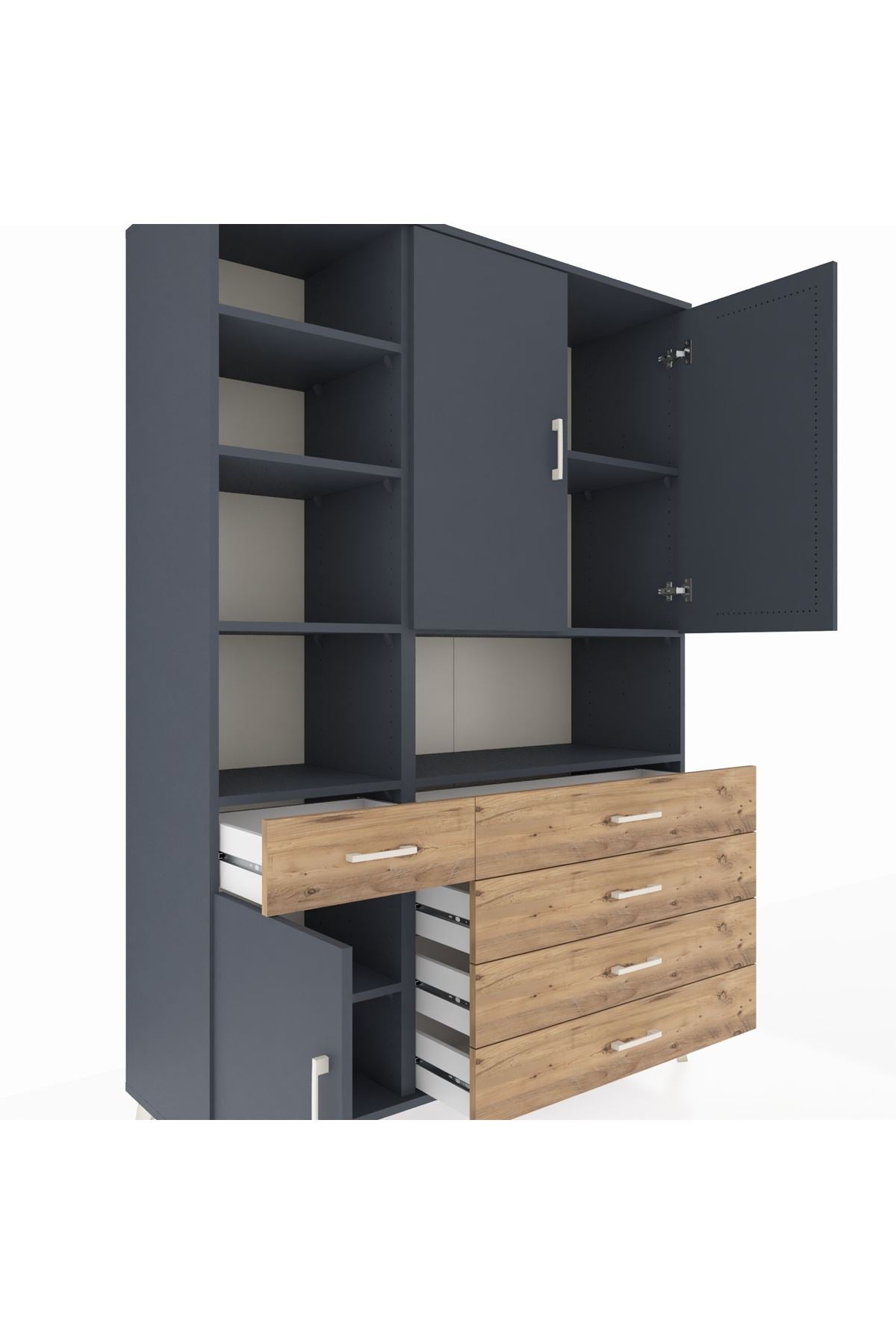 Hyperion Dolap 8 Raflı 5 Çekmeceli 3 Kapaklı 132x44x195 Antrasit-Antrasit/Çam