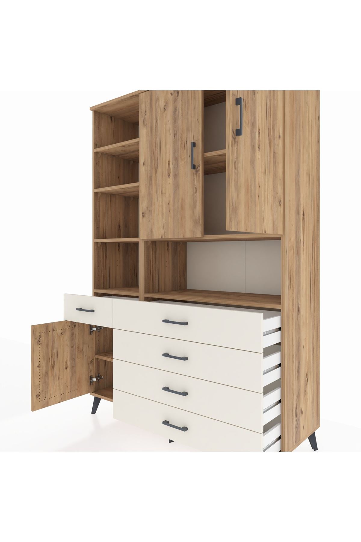 Hyperion Dolap 8 Raflı 5 Çekmeceli 3 Kapaklı 132x44x195 Çam-Çam/Aytaşı