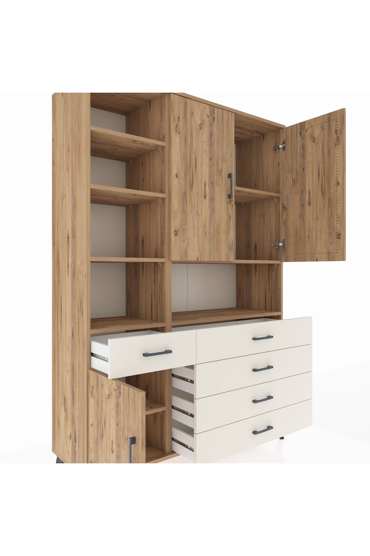 Hyperion Dolap 8 Raflı 5 Çekmeceli 3 Kapaklı 132x44x195 Çam-Çam/Aytaşı