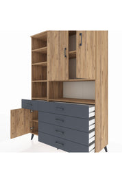 Hyperion Dolap 8 Raflı 5 Çekmeceli 3 Kapaklı 132x44x195 Çam-Çam/Antrasit