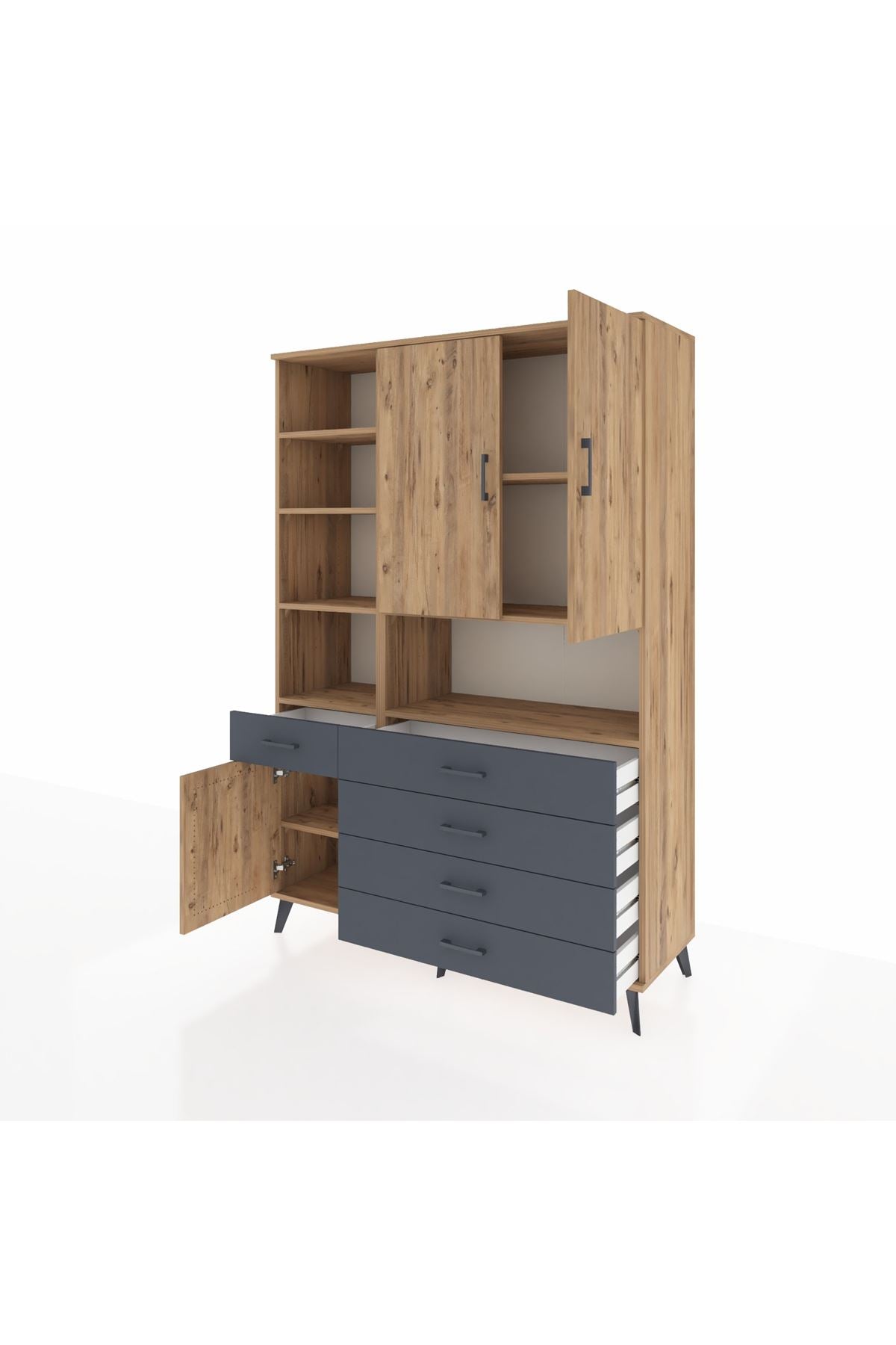 Hyperion Dolap 8 Raflı 5 Çekmeceli 3 Kapaklı 132x44x195 Çam-Çam/Antrasit