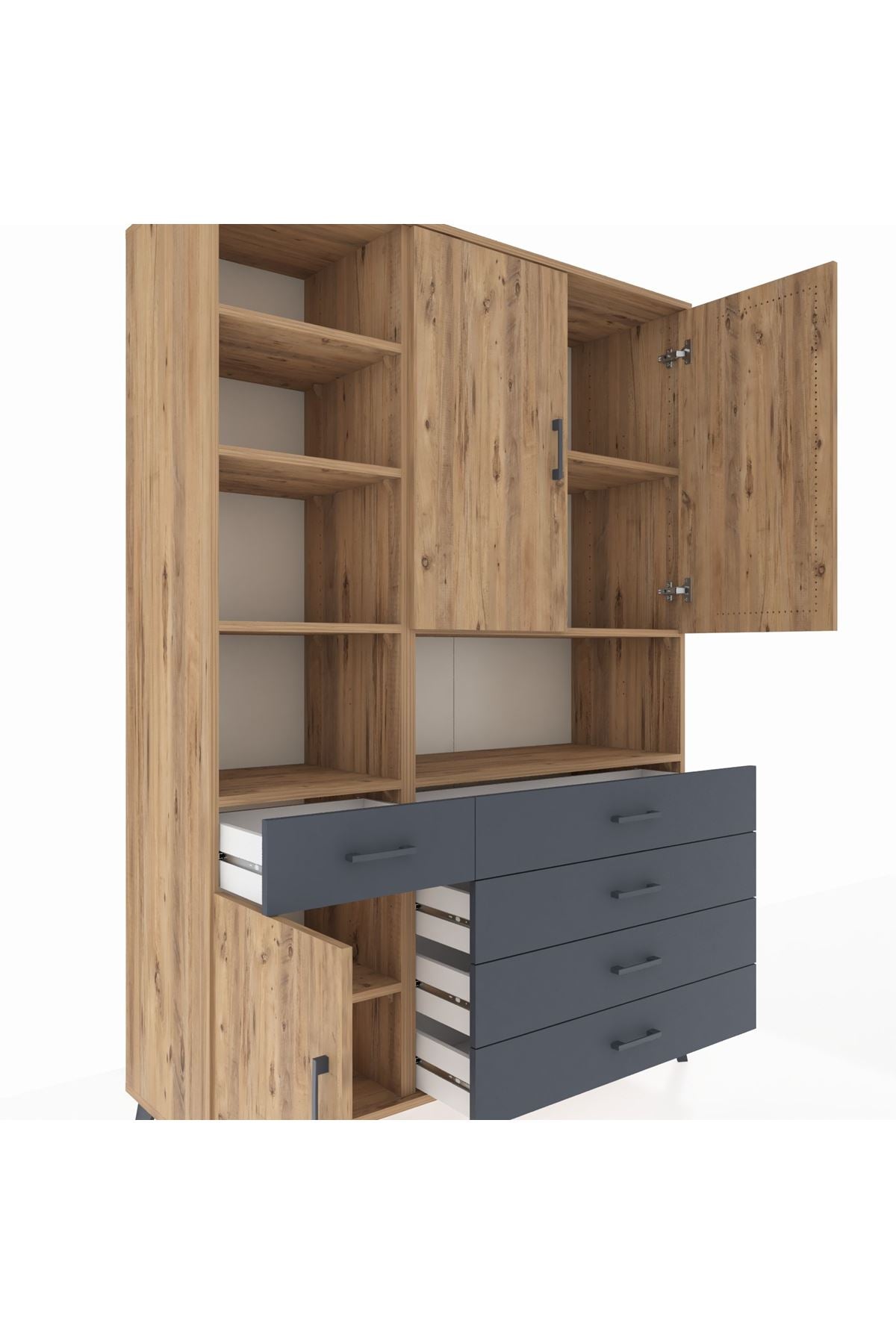 Hyperion Dolap 8 Raflı 5 Çekmeceli 3 Kapaklı 132x44x195 Çam-Çam/Antrasit