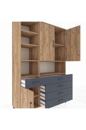 Hyperion Dolap 8 Raflı 5 Çekmeceli 3 Kapaklı 132x44x195 Çam-Çam/Antrasit