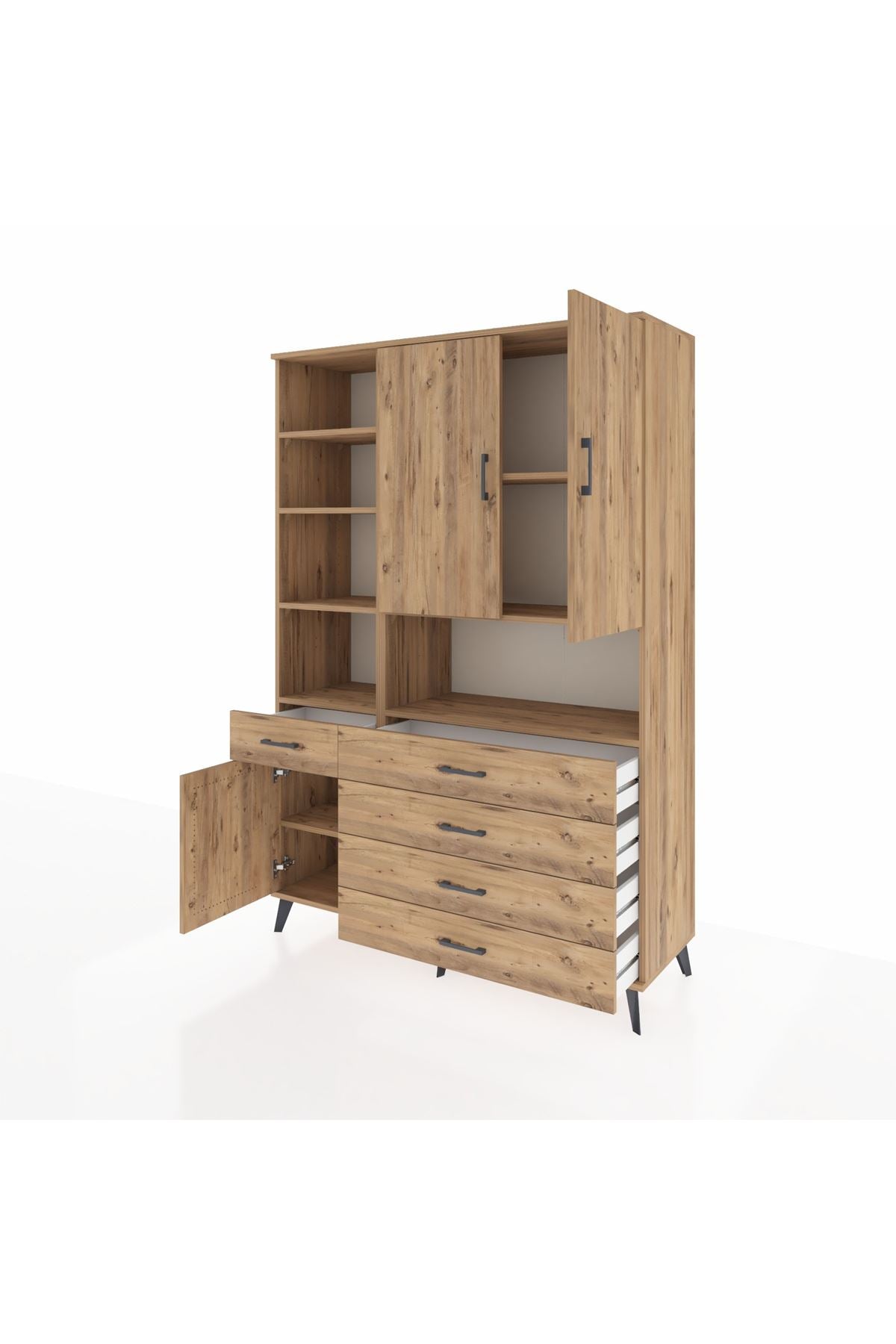 Hyperion Dolap 8 Raflı 5 Çekmeceli 3 Kapaklı 132x44x195 Çam-Çam/Çam