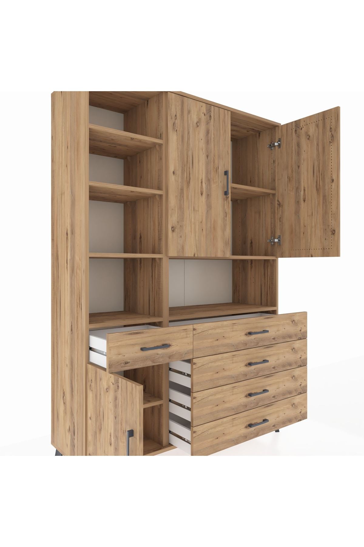 Hyperion Dolap 8 Raflı 5 Çekmeceli 3 Kapaklı 132x44x195 Çam-Çam/Çam