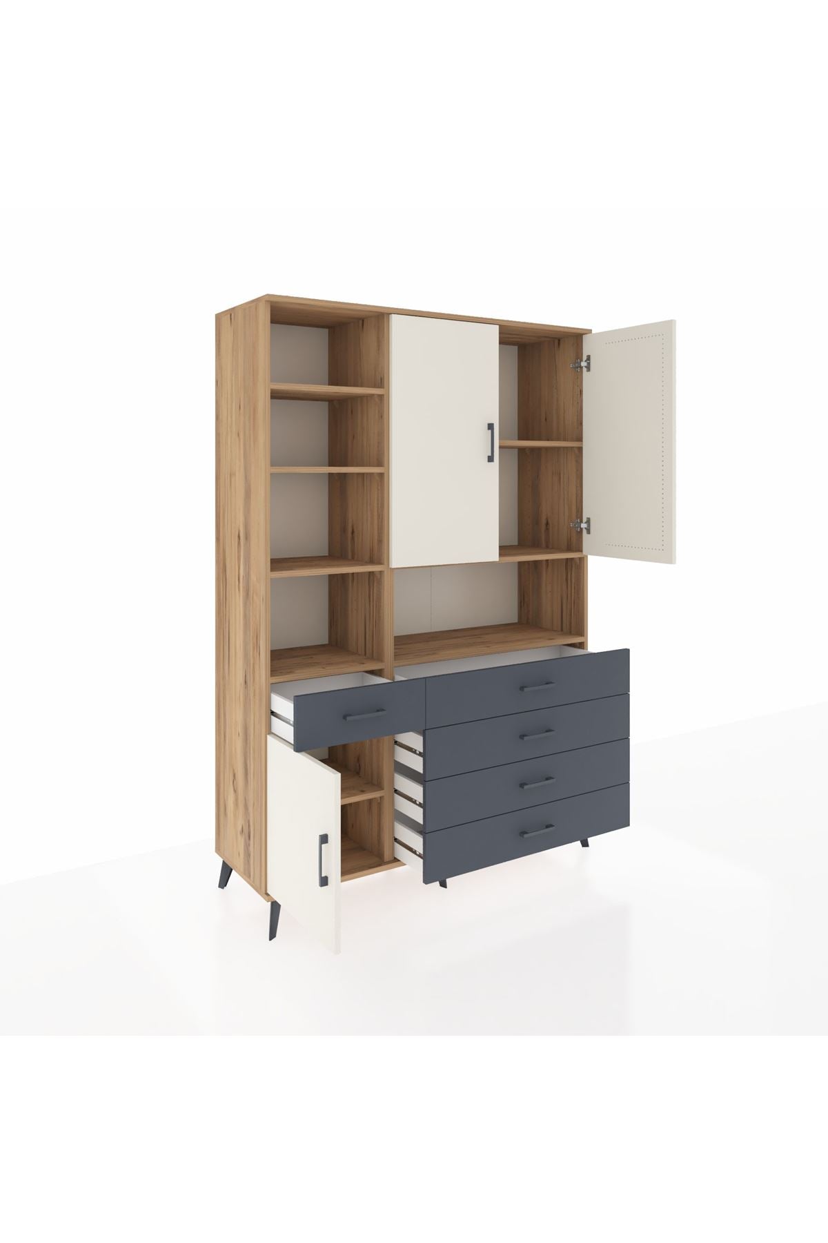 Hyperion Dolap 8 Raflı 5 Çekmeceli 3 Kapaklı 132x44x195 Çam-Aytaşı/Antrasit