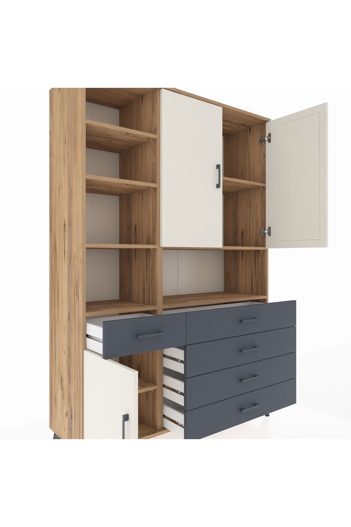 Hyperion Dolap 8 Raflı 5 Çekmeceli 3 Kapaklı 132x44x195 Çam-Aytaşı/Antrasit