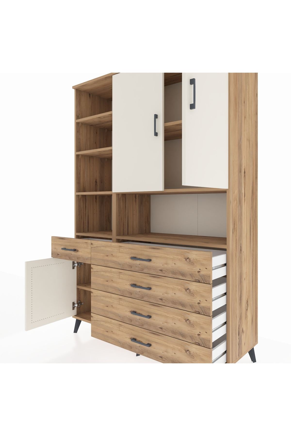 Hyperion Dolap 8 Raflı 5 Çekmeceli 3 Kapaklı 132x44x195 Çam-Aytaşı/Çam