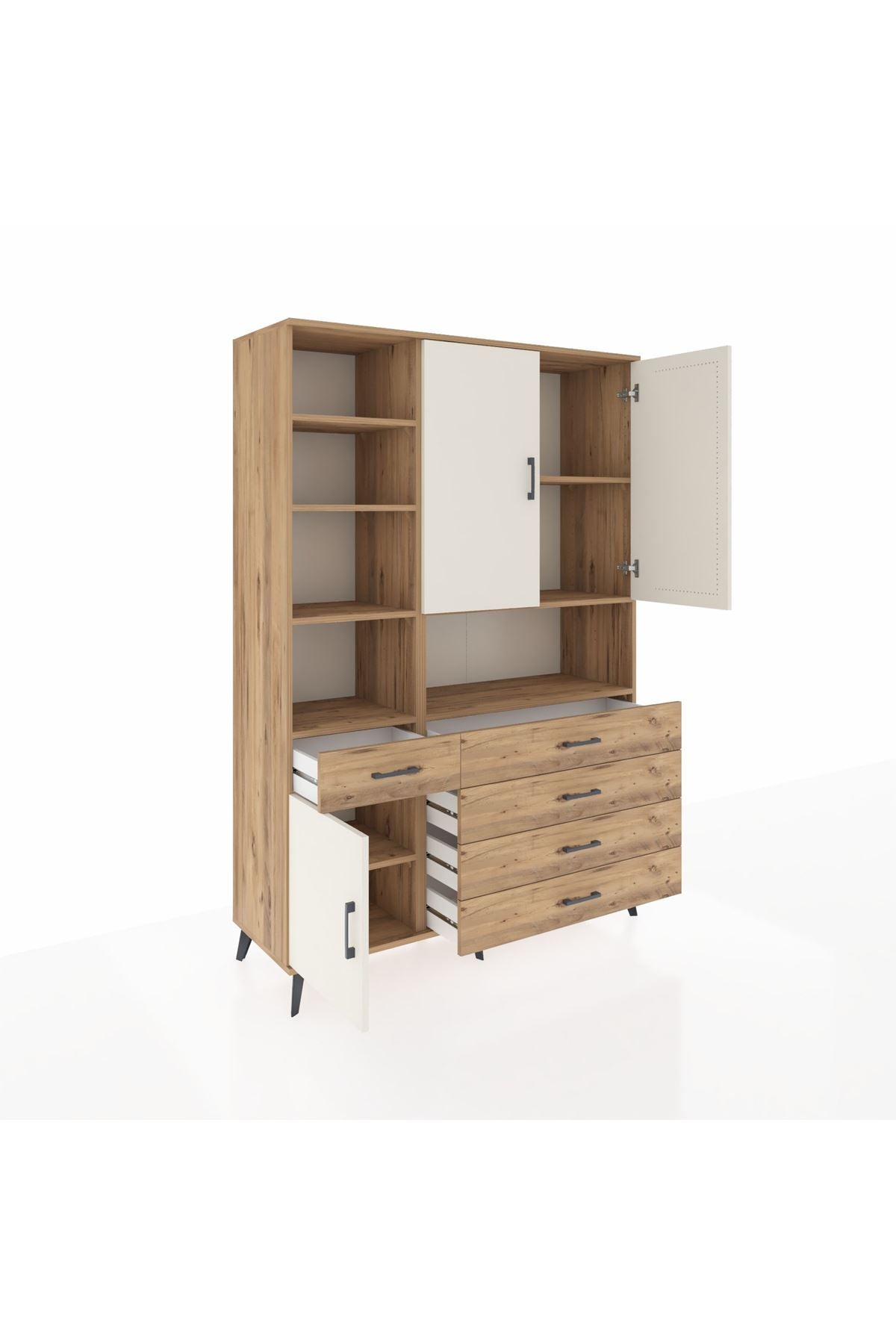 Hyperion Dolap 8 Raflı 5 Çekmeceli 3 Kapaklı 132x44x195 Çam-Aytaşı/Çam