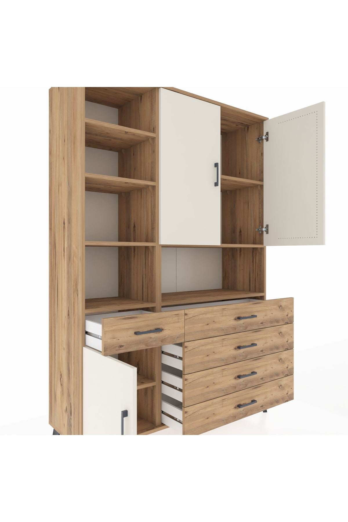 Hyperion Dolap 8 Raflı 5 Çekmeceli 3 Kapaklı 132x44x195 Çam-Aytaşı/Çam