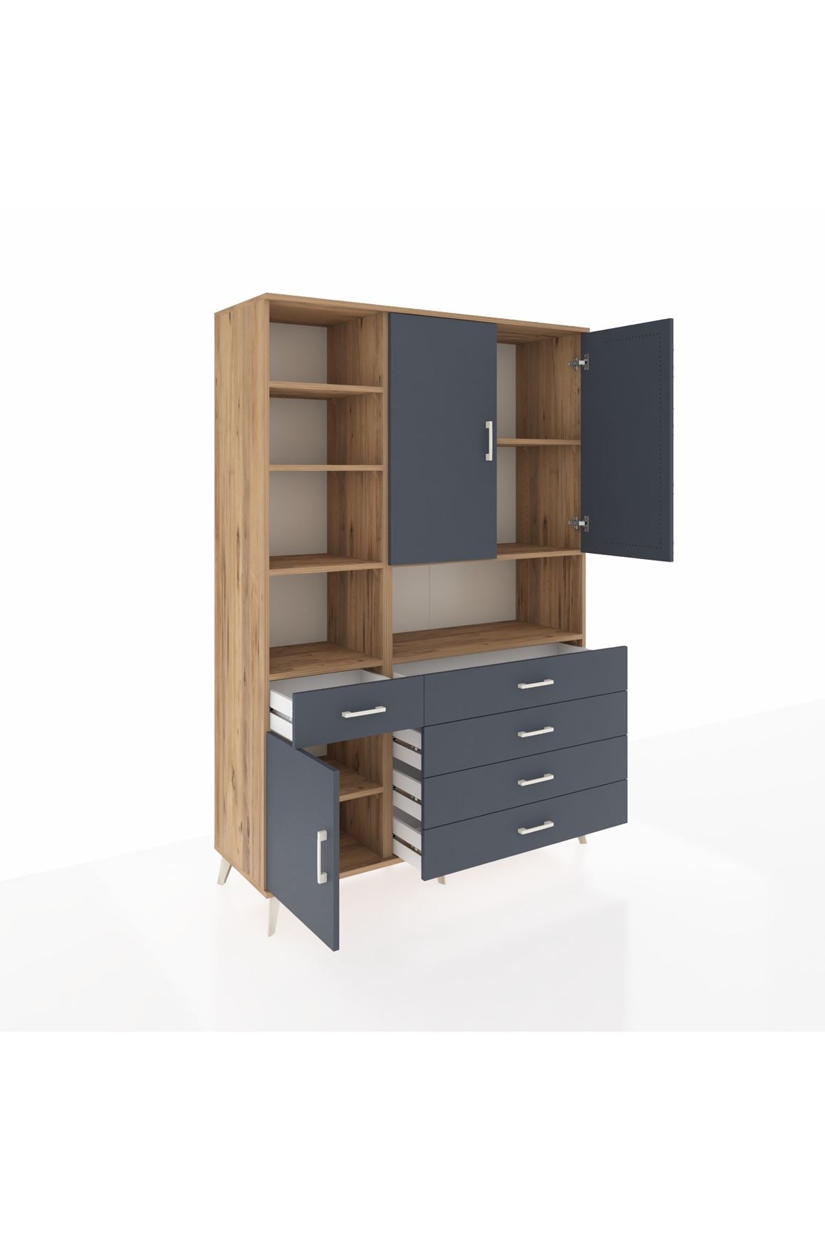 Hyperion Dolap 8 Raflı 5 Çekmeceli 3 Kapaklı 132x44x195 Çam-Antrasit/Antrasit