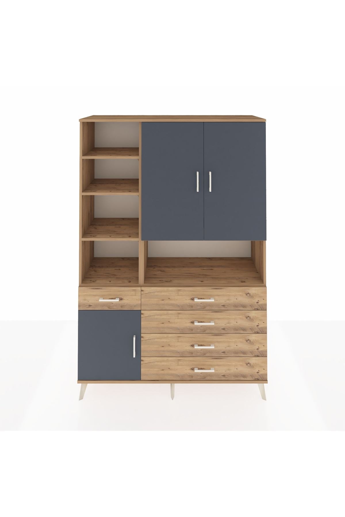 Hyperion Dolap 8 Raflı 5 Çekmeceli 3 Kapaklı 132x44x195 Çam-Antrasit/Çam