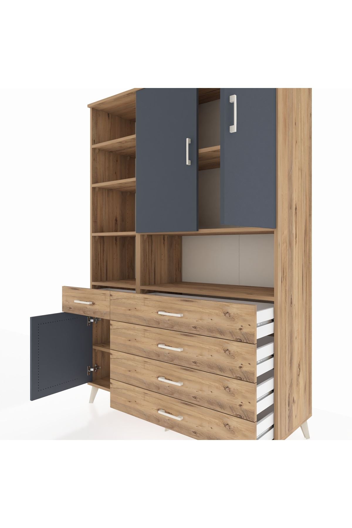 Hyperion Dolap 8 Raflı 5 Çekmeceli 3 Kapaklı 132x44x195 Çam-Antrasit/Çam