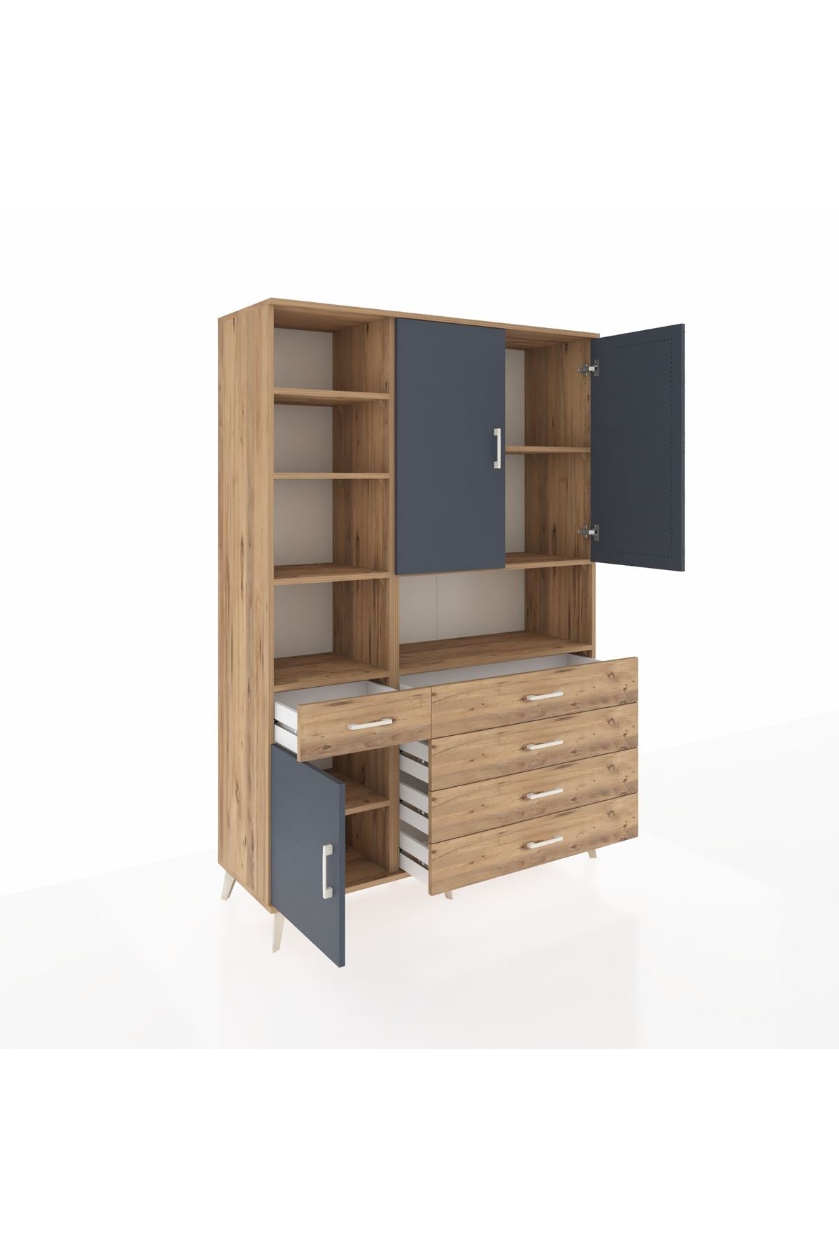 Hyperion Dolap 8 Raflı 5 Çekmeceli 3 Kapaklı 132x44x195 Çam-Antrasit/Çam