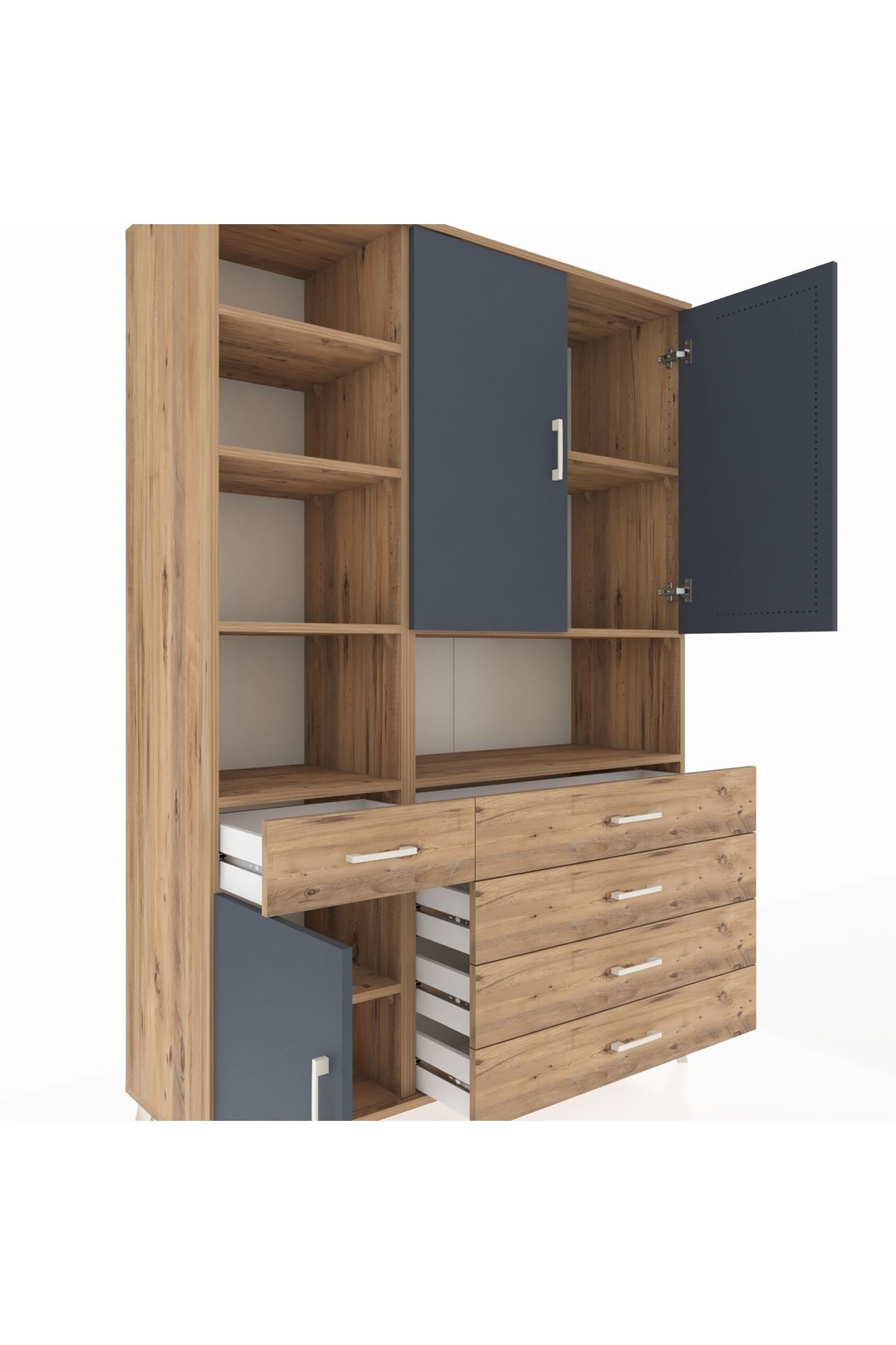 Hyperion Dolap 8 Raflı 5 Çekmeceli 3 Kapaklı 132x44x195 Çam-Antrasit/Çam