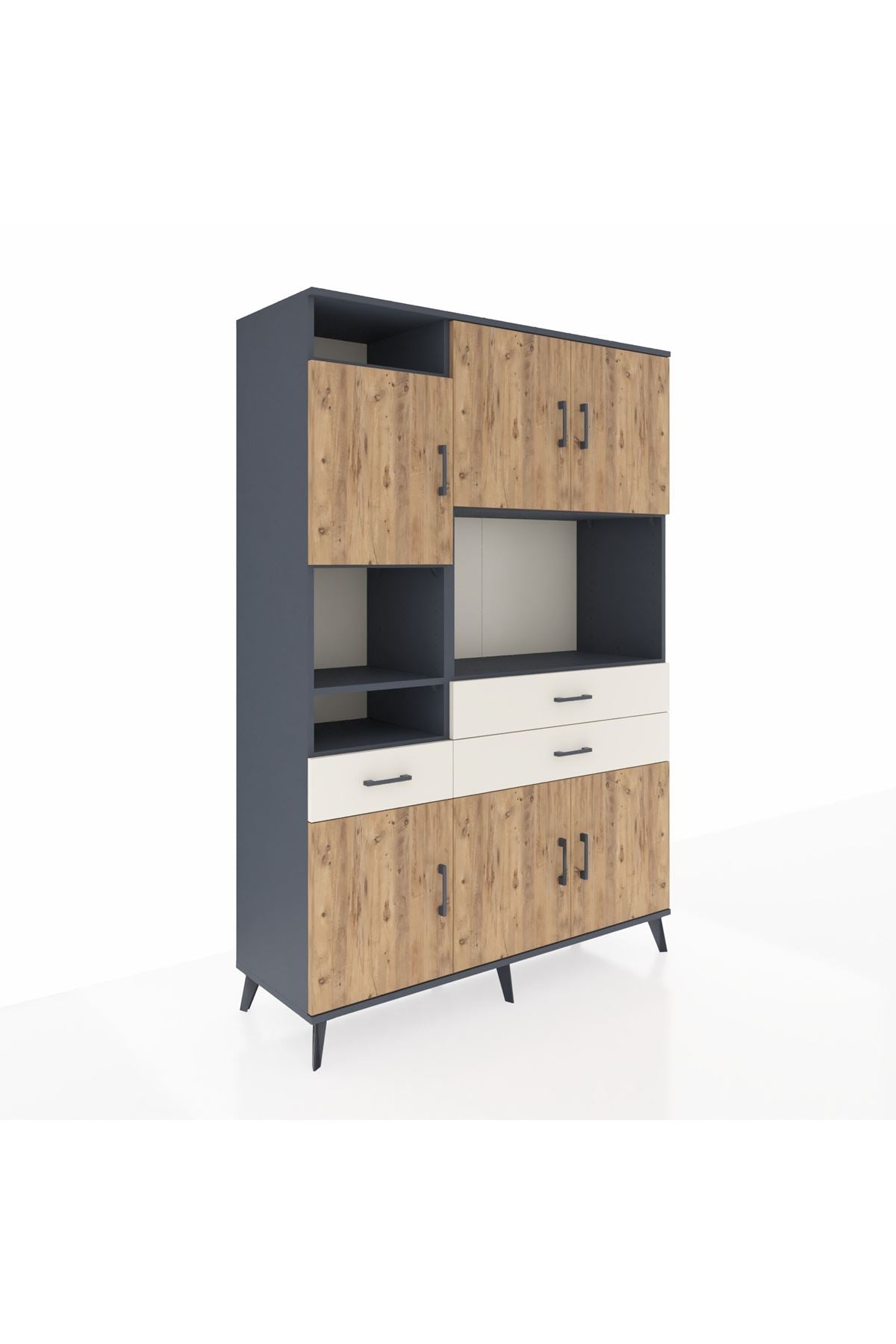 Hyperion Dolap 9 Raflı 3 Çekmeceli 6 Kapaklı 132x44x195 Antrasit-Çam/Aytaşı