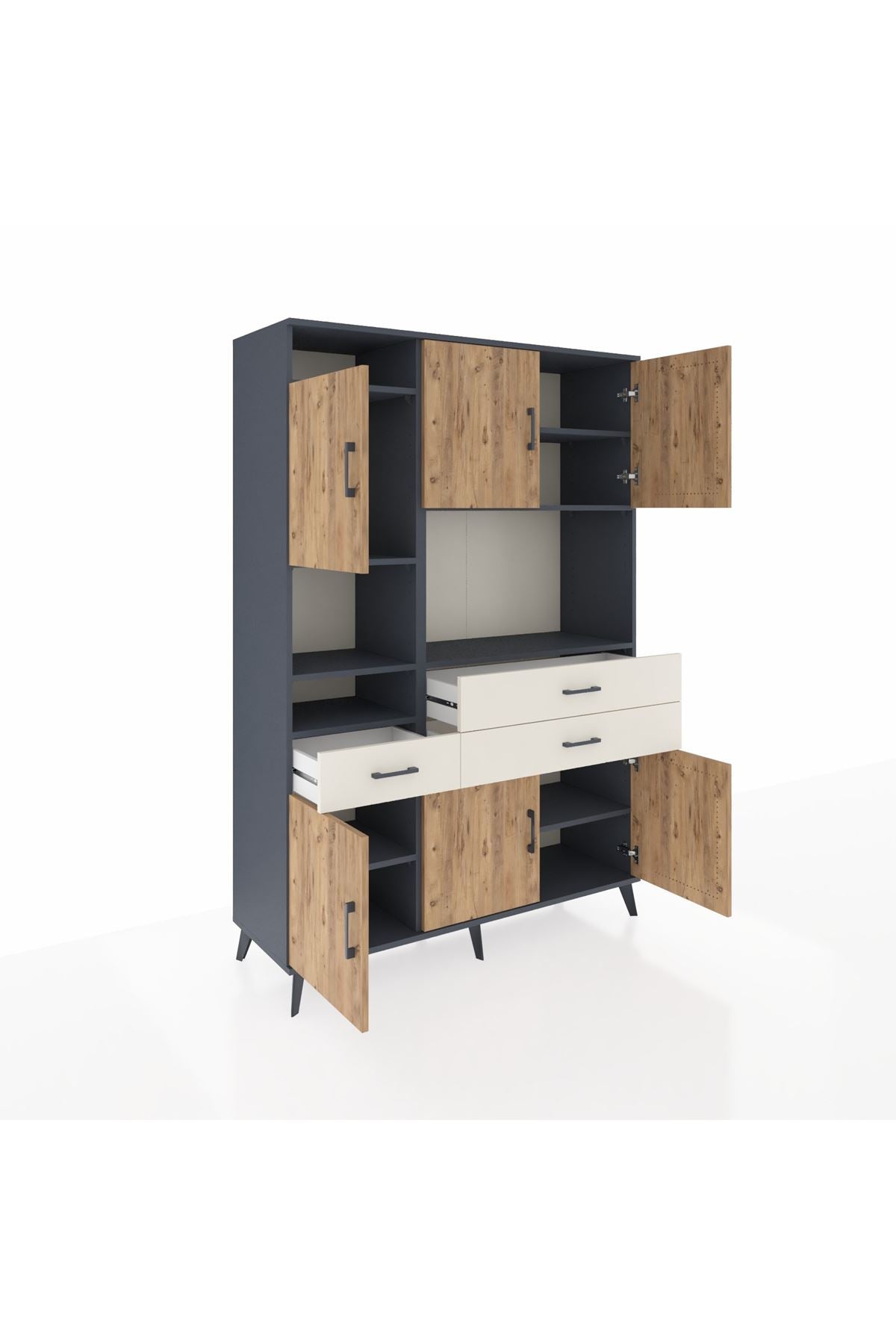 Hyperion Dolap 9 Raflı 3 Çekmeceli 6 Kapaklı 132x44x195 Antrasit-Çam/Aytaşı