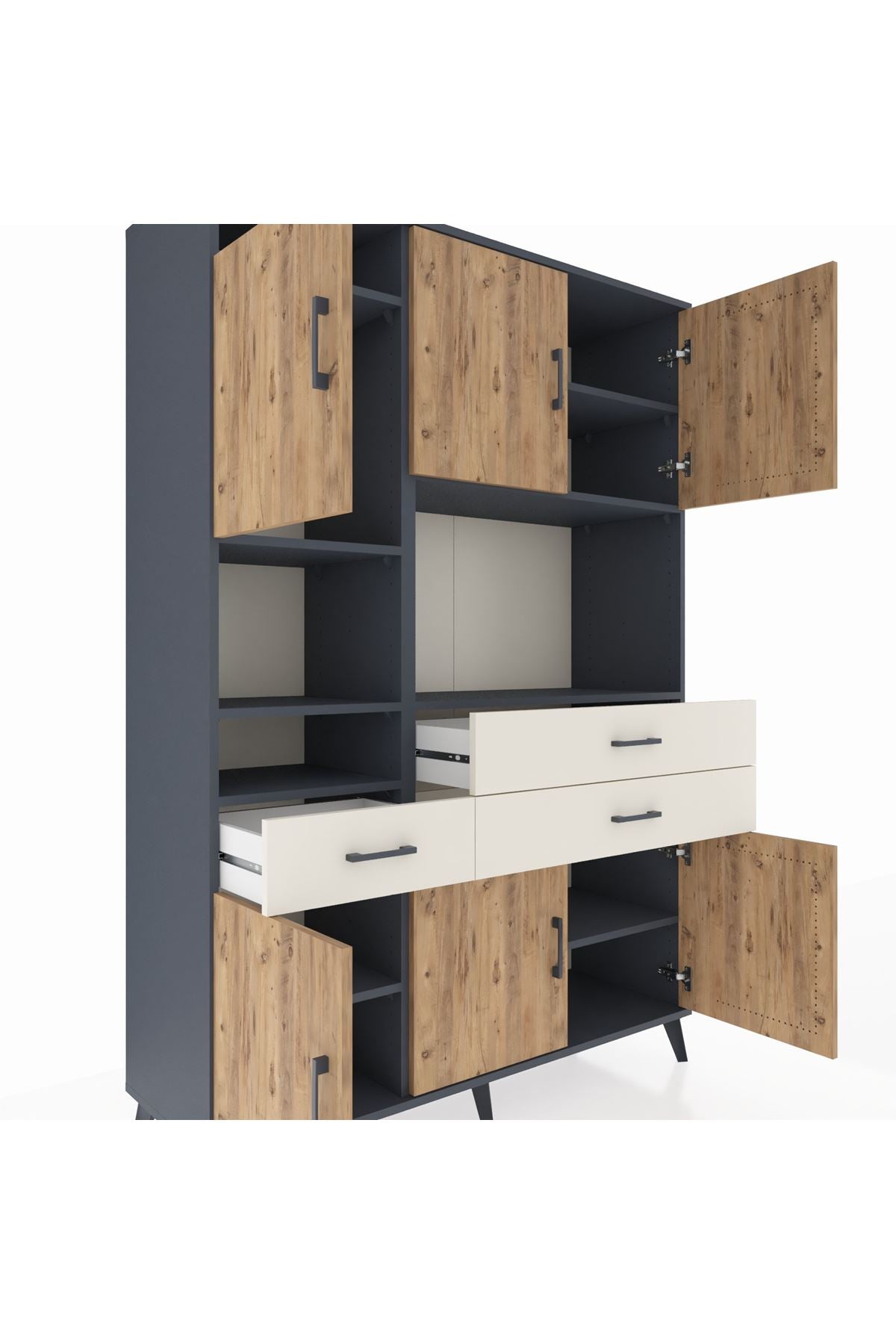 Hyperion Dolap 9 Raflı 3 Çekmeceli 6 Kapaklı 132x44x195 Antrasit-Çam/Aytaşı