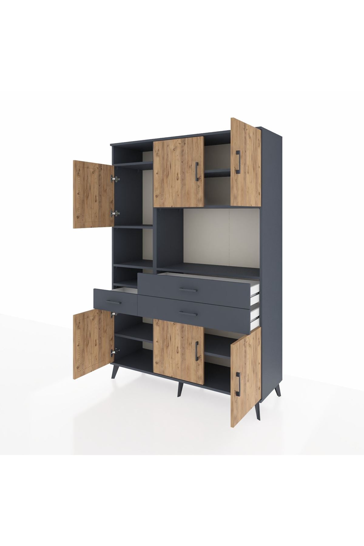 Hyperion Dolap 9 Raflı 3 Çekmeceli 6 Kapaklı 132x44x195 Antrasit-Çam/Antrasit