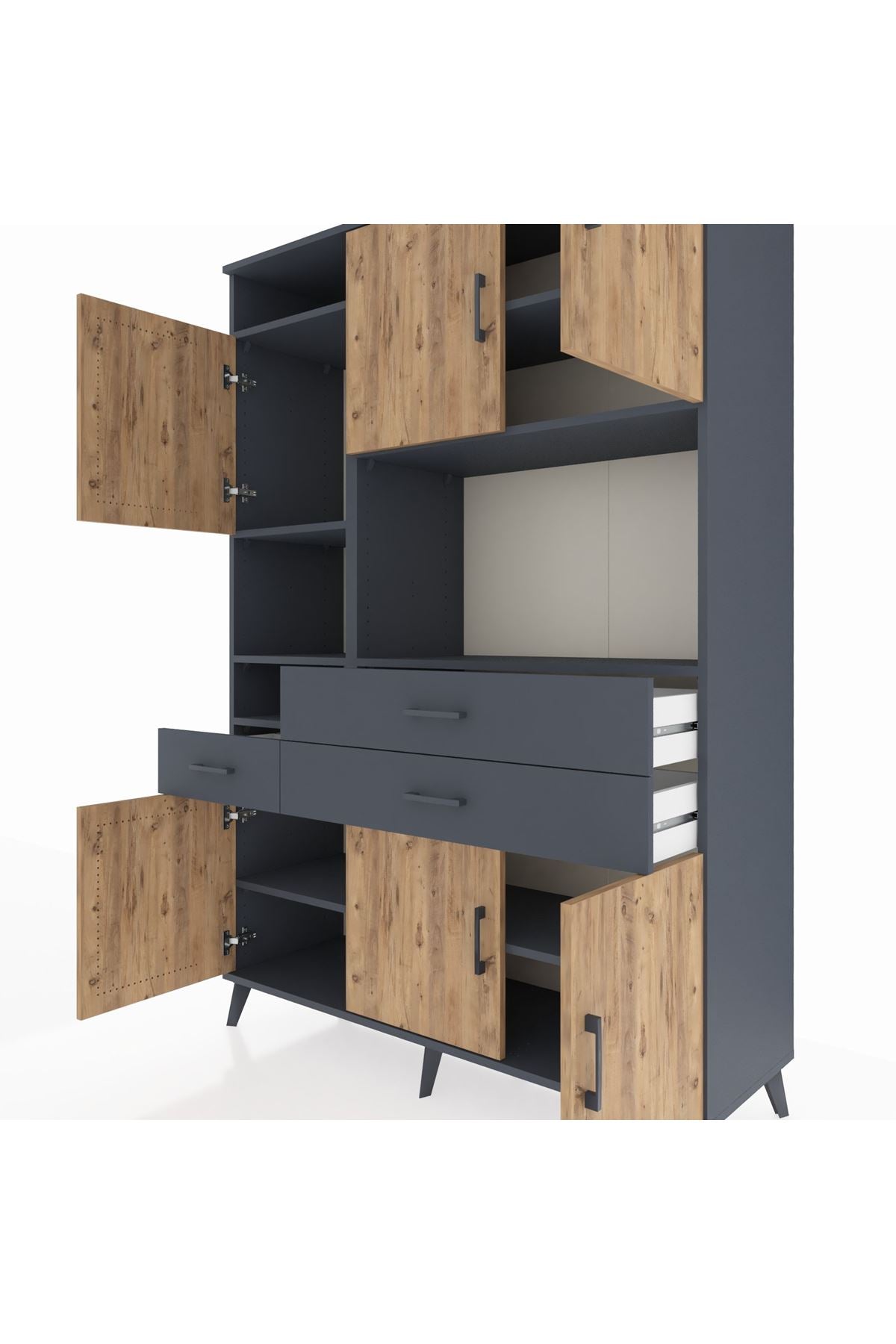 Hyperion Dolap 9 Raflı 3 Çekmeceli 6 Kapaklı 132x44x195 Antrasit-Çam/Antrasit