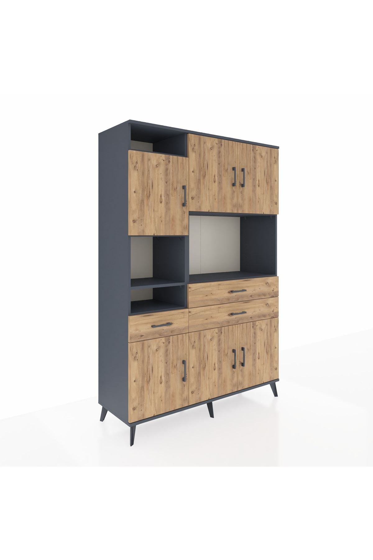 Hyperion Dolap 9 Raflı 3 Çekmeceli 6 Kapaklı 132x44x195 Antrasit-Çam/Çam