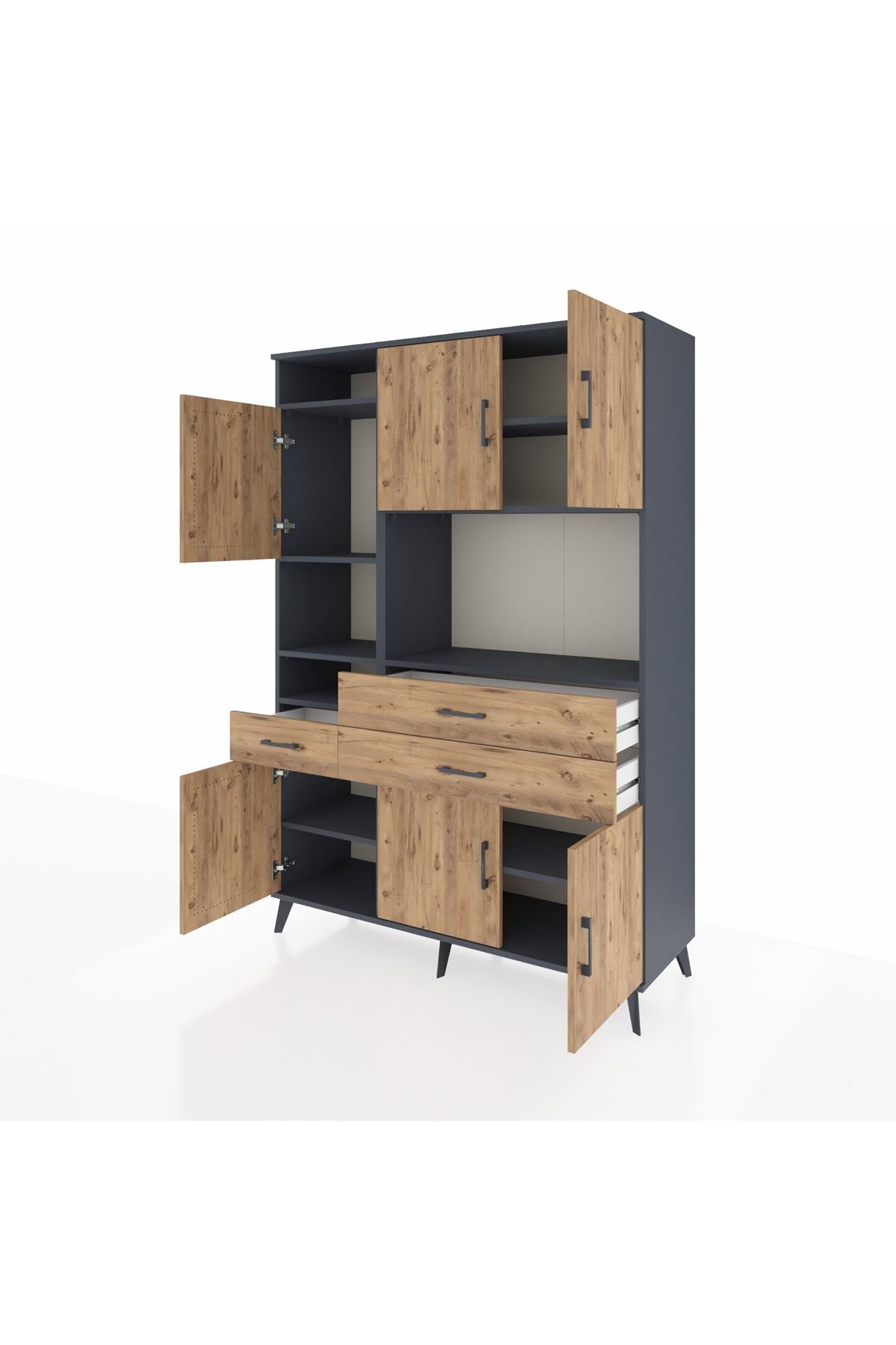 Hyperion Dolap 9 Raflı 3 Çekmeceli 6 Kapaklı 132x44x195 Antrasit-Çam/Çam