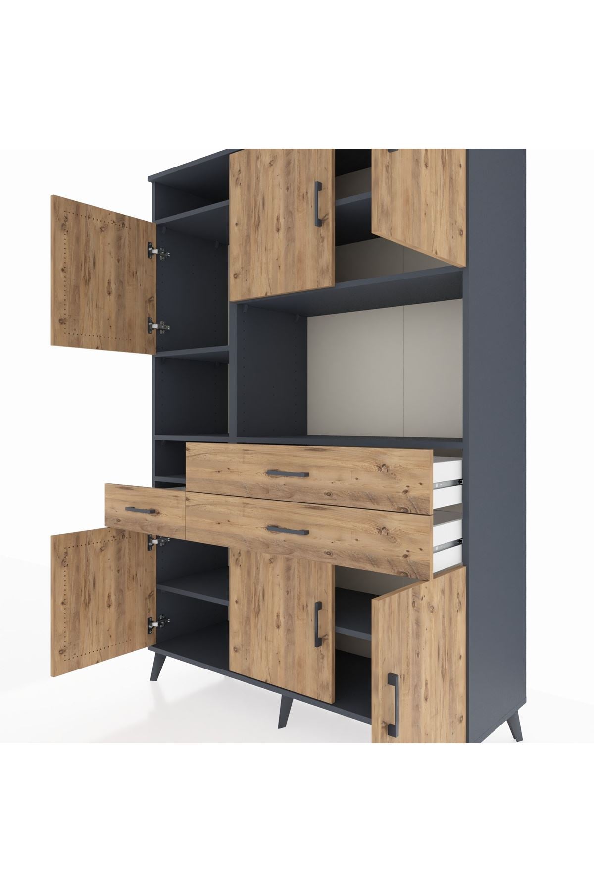 Hyperion Dolap 9 Raflı 3 Çekmeceli 6 Kapaklı 132x44x195 Antrasit-Çam/Çam