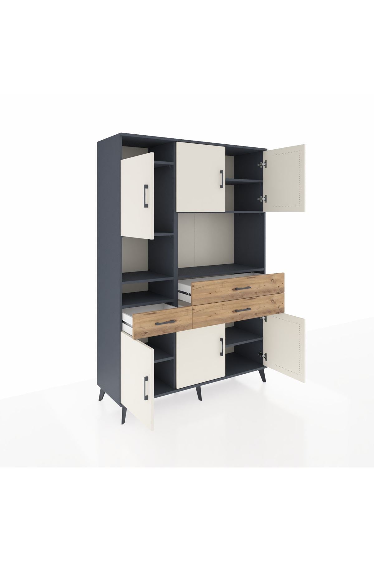 Hyperion Dolap 9 Raflı 3 Çekmeceli 6 Kapaklı 132x44x195 Antrasit-Aytaşı/Çam